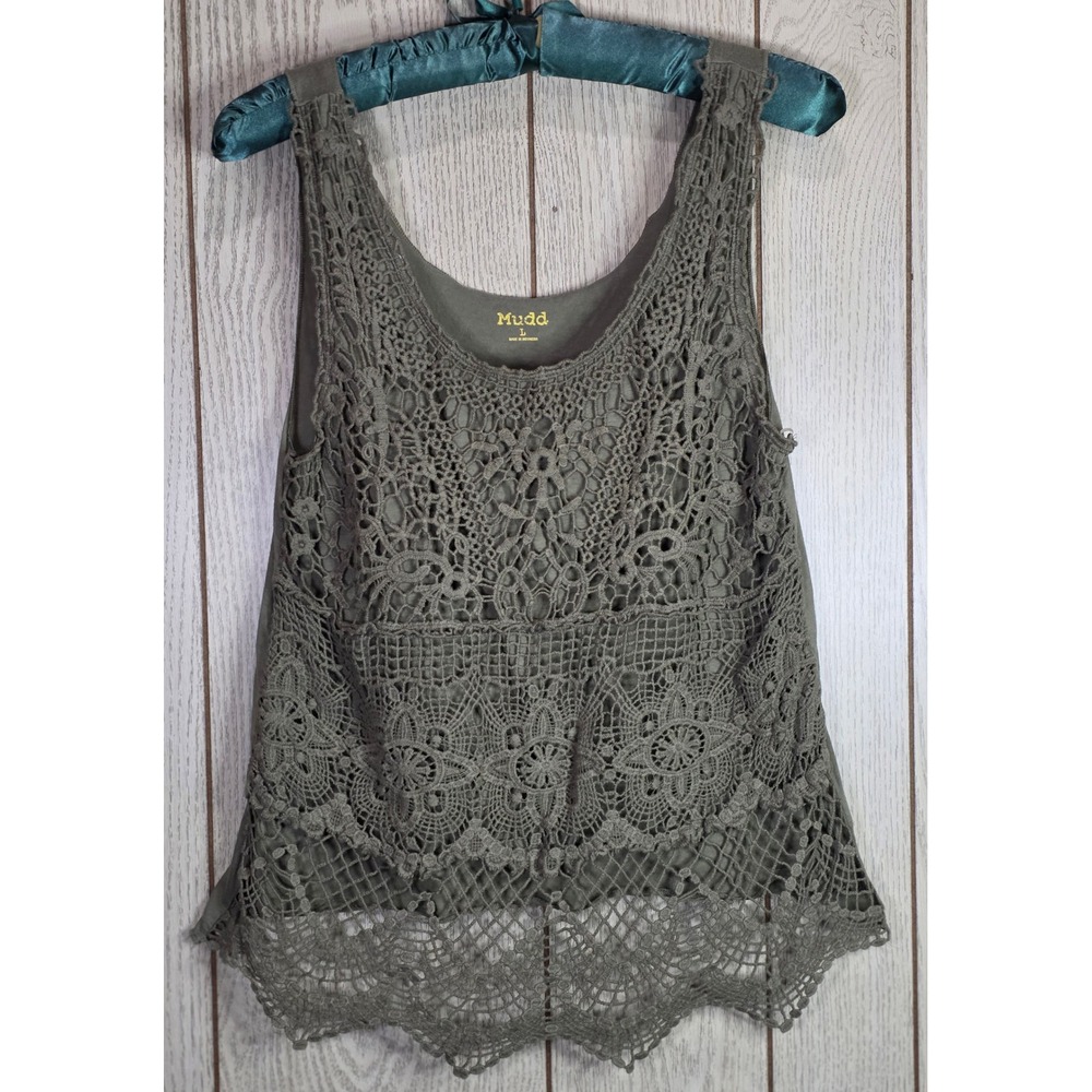 Mudd Womens L Olive Green Crochet Lace Overlay Tank Top Boho Scoop Neck